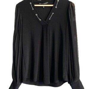 NWOT WHBM Black V-Neck Long-Sleeved Chain-Detail Blouse, Small